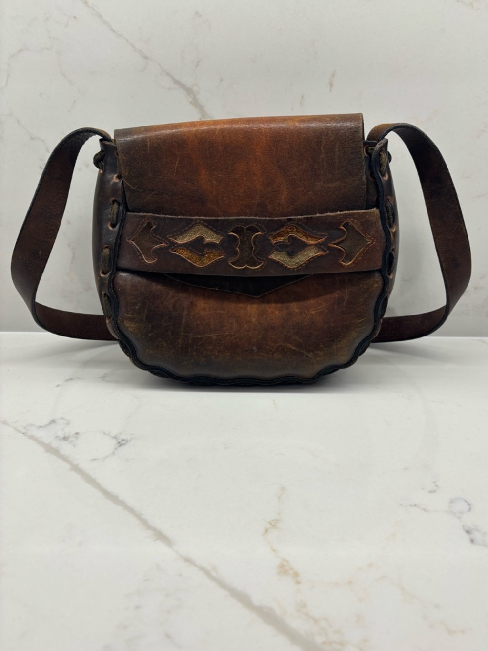 Vintage Tooled Leather Crossbody Bag Boho Western Saddle Style Festival Purse